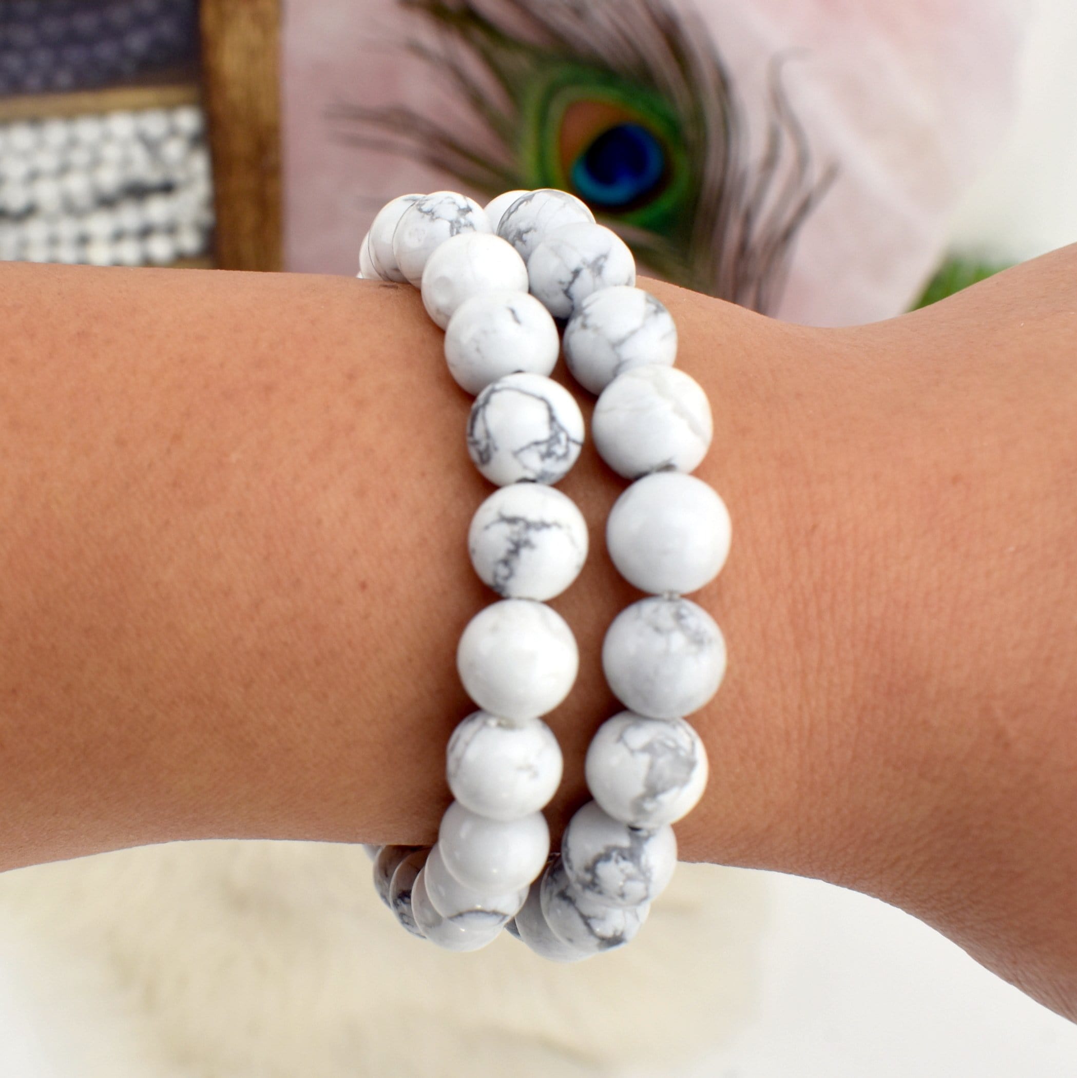 White Howlite Round Bead Bracelets