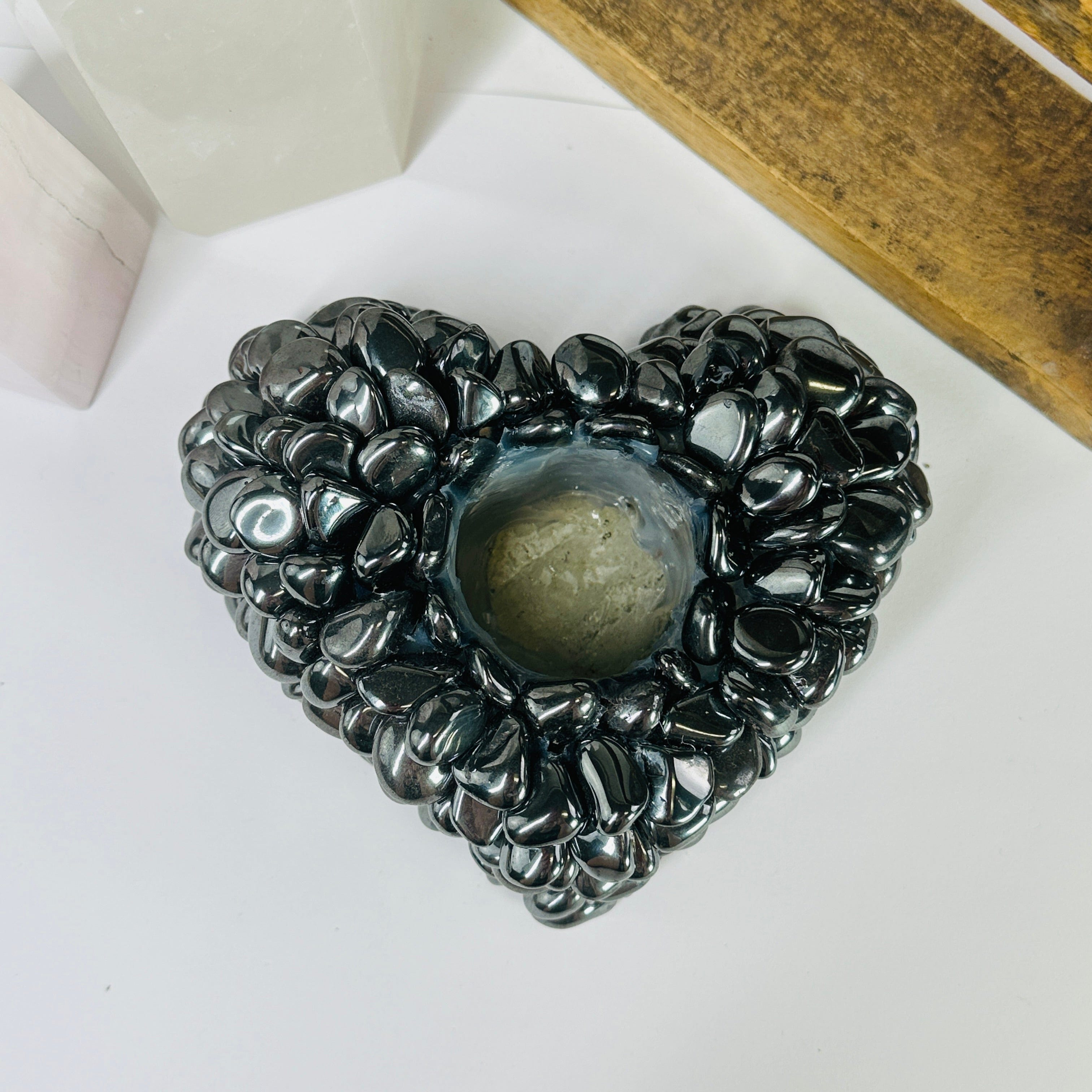 Hematite Tumbled Crystal Heart Shaped Candle Holder OOAK