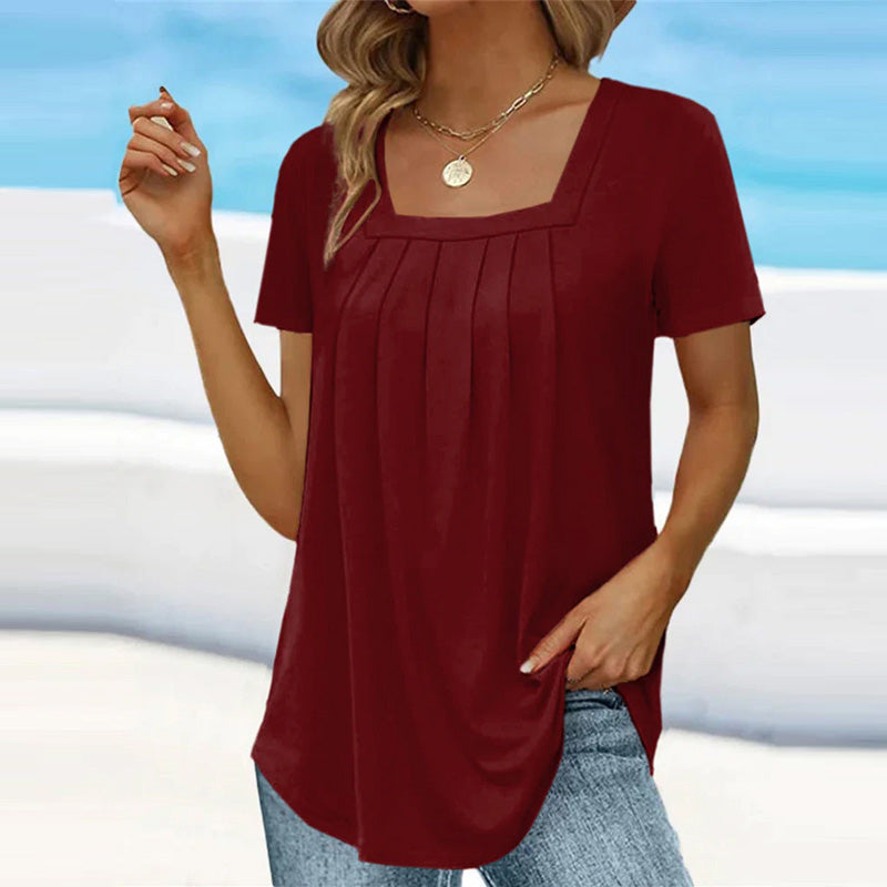 Square neck solid color short sleeve t-shirt