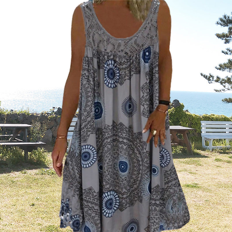 Women Summer O-Neck Sleeveless Print Dress