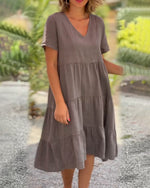 Cotton linen v-neck solid color dress