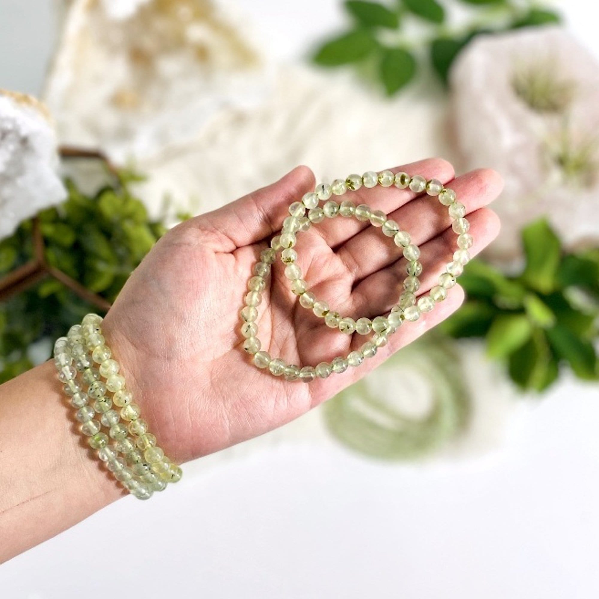 Prehnite Round Bead Bracelets (1BROWNSHELF-120-07)