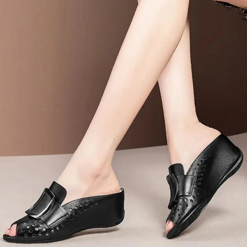 Hollow Fish Mouth Metal Buckle Wedge Heel Sandals