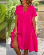 Cotton linen v-neck solid color dress