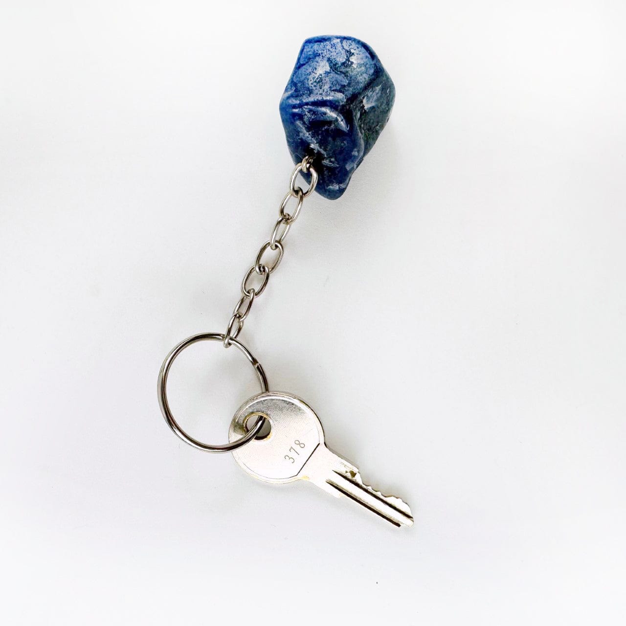 Blue Quartz Polished Freeform Silver Toned Key Chain - Tumbled Blue Stone