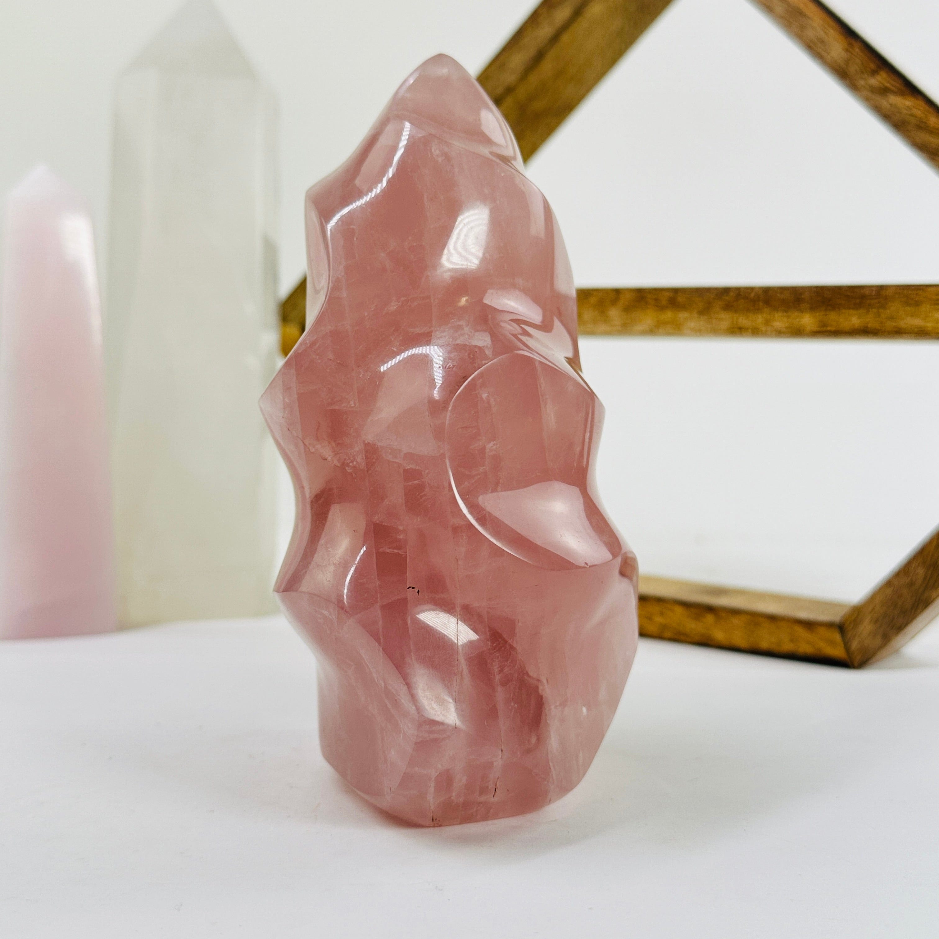 Rose Quartz Crystal Carved Stone Flame Tower OOAK