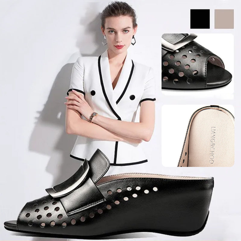 Hollow Fish Mouth Metal Buckle Wedge Heel Sandals