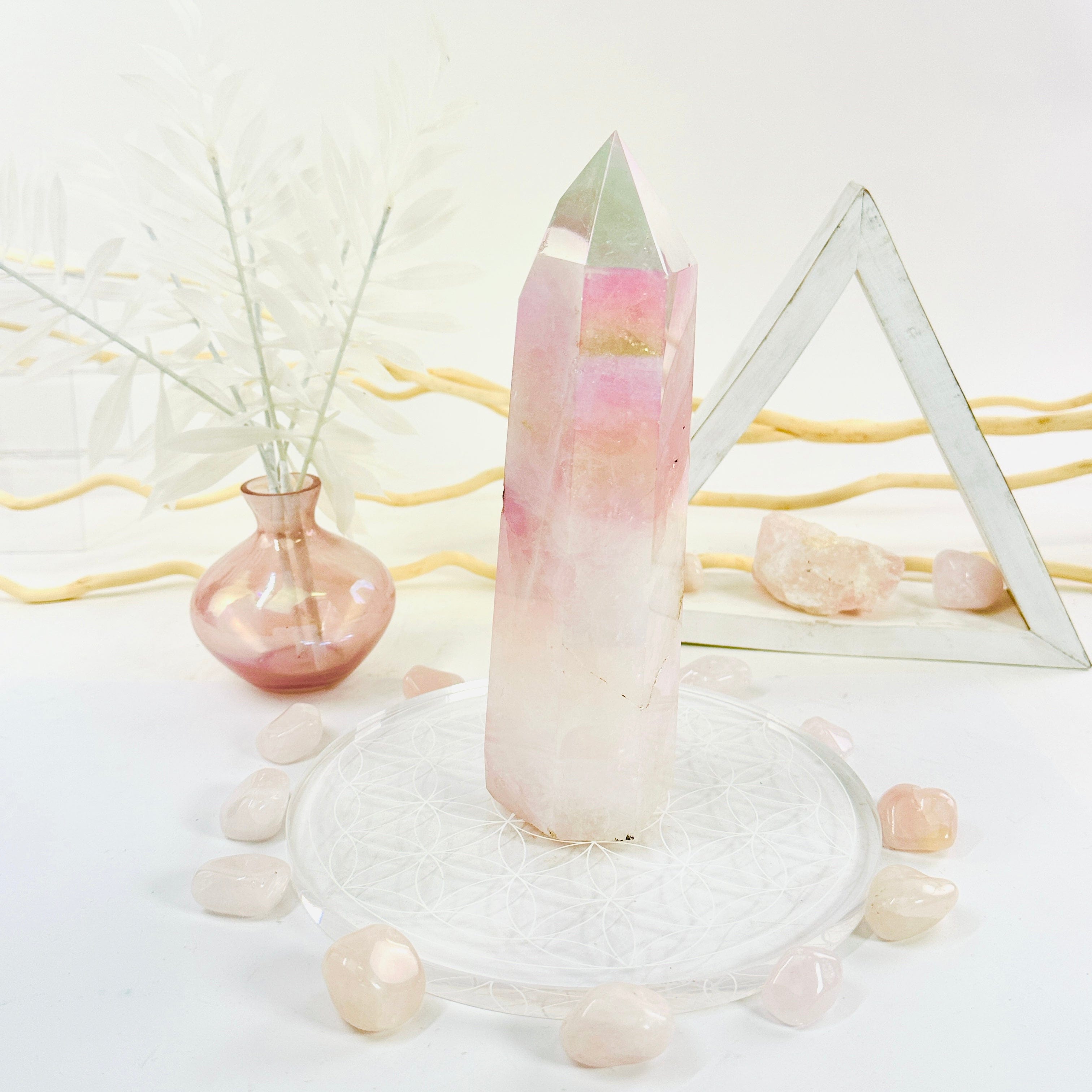 Angel Aura Rose Quartz Crystal Tower with Natural Inclusions