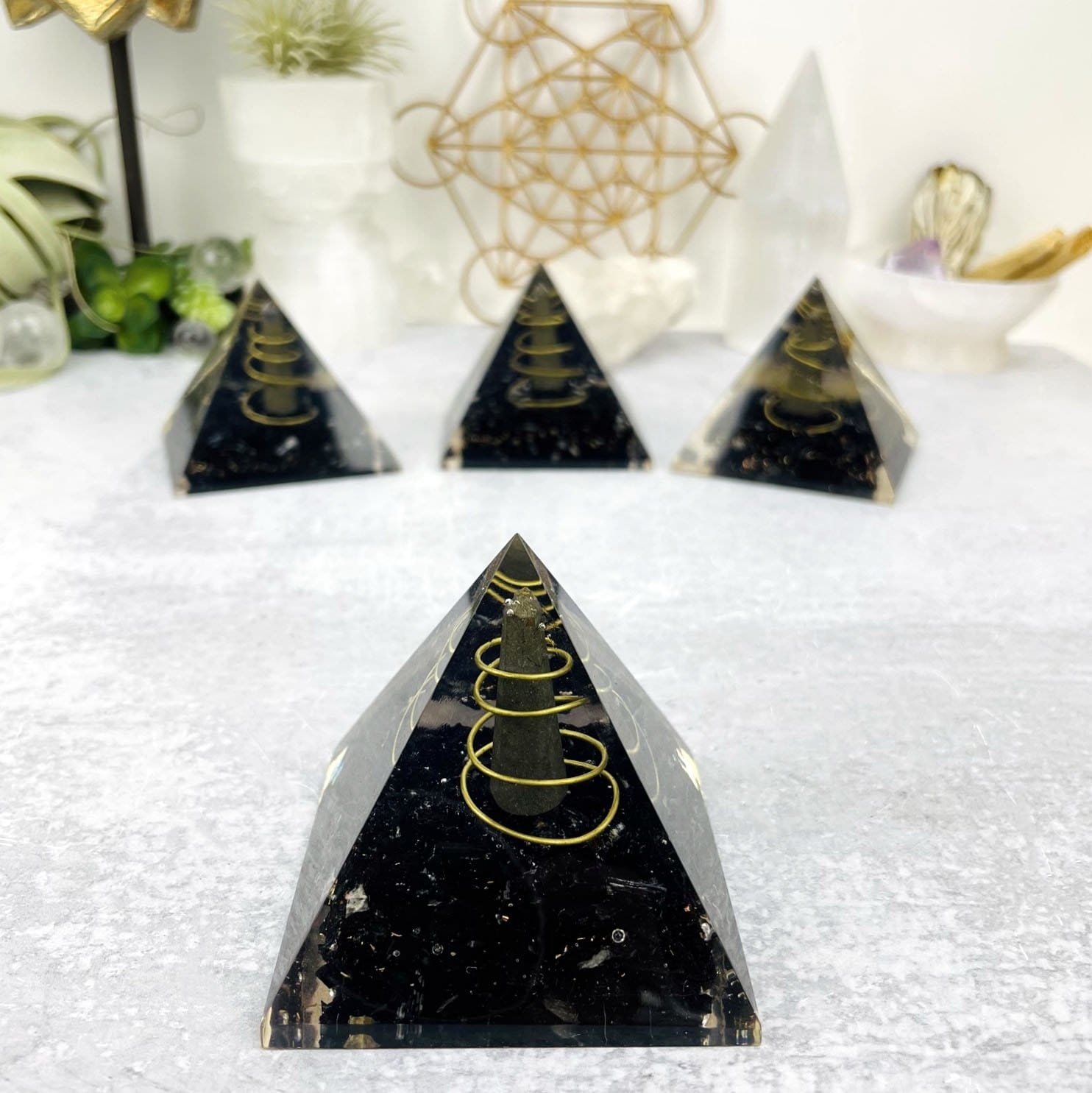 Orgone Tourmaline with Pyrite Point Pyramid - Chakra Reiki Metaphysical Pyramids