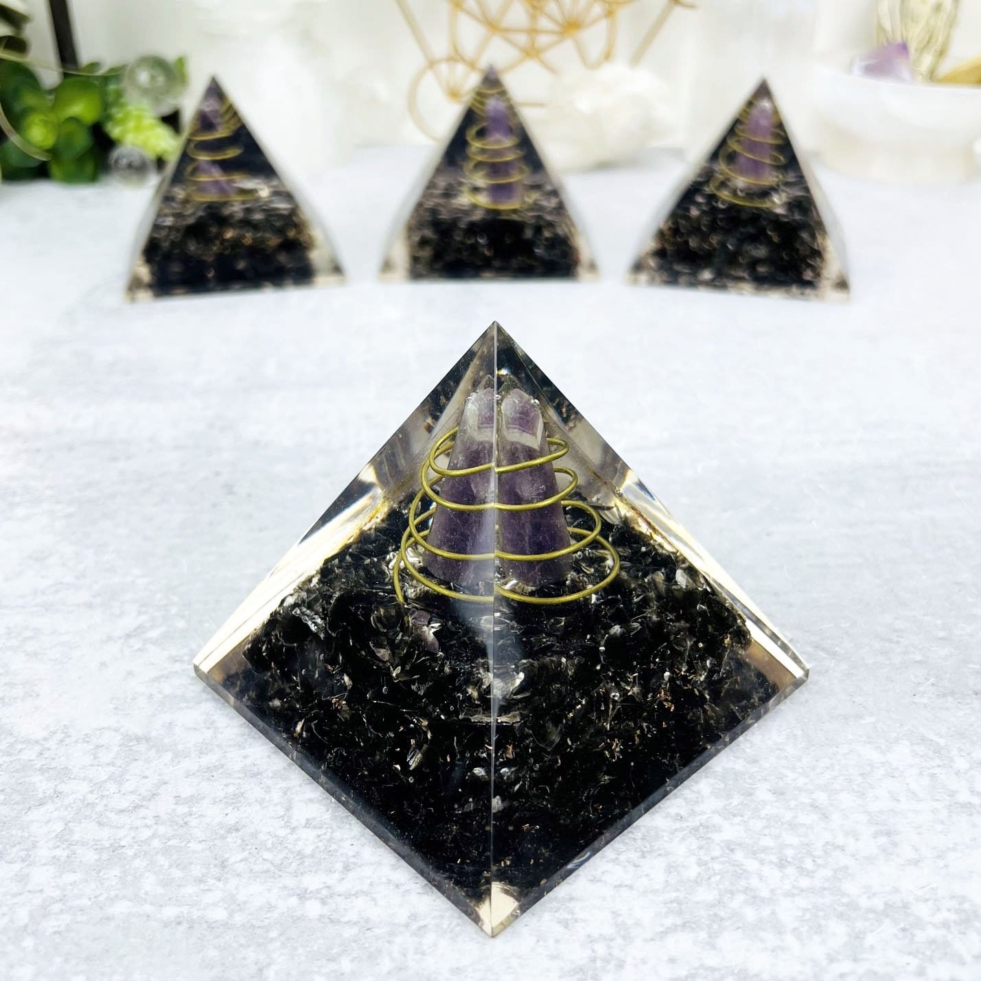 Orgone Tourmaline with Amethyst Point Pyramid - Chakra Reiki Metaphysical Pyramids