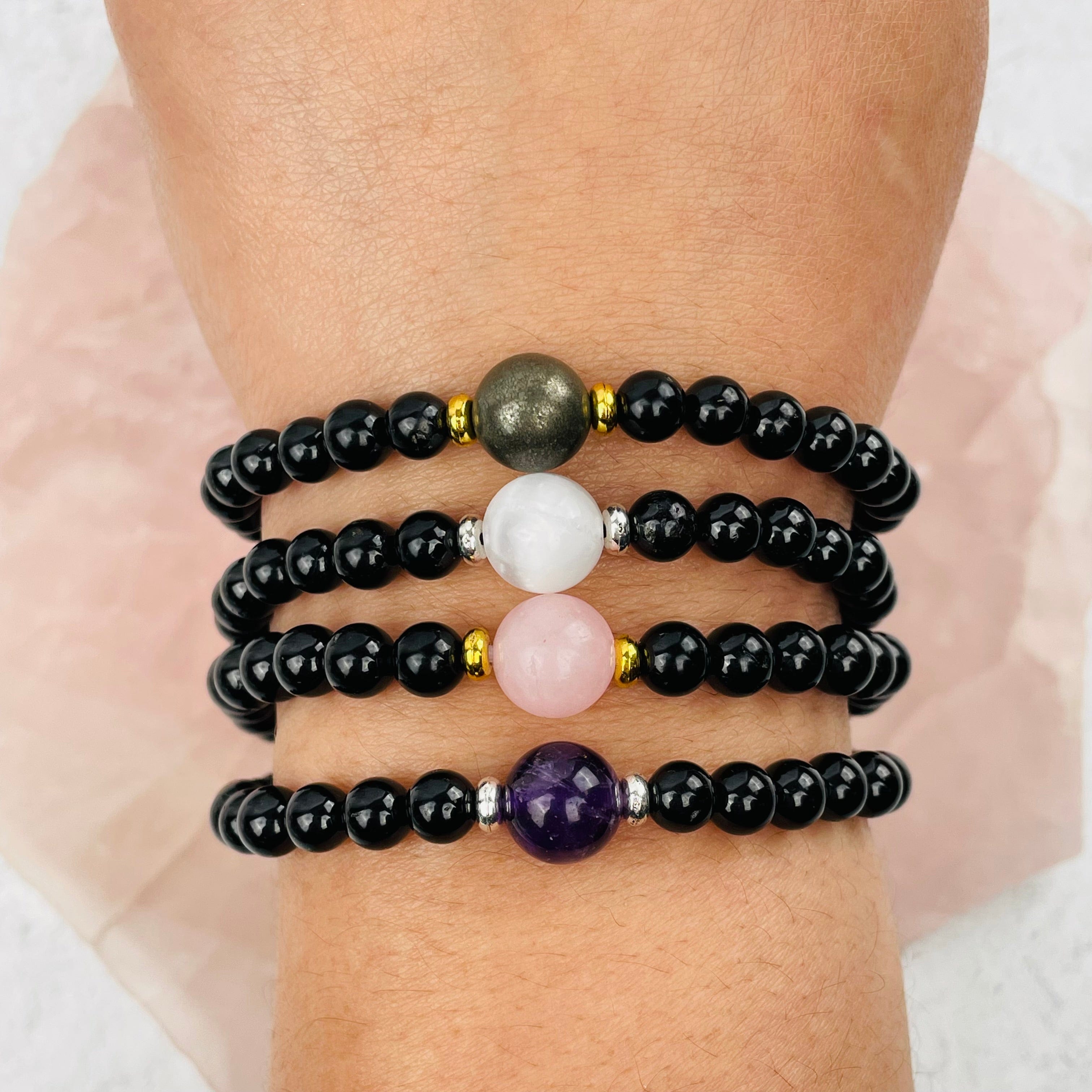 Black Tourmaline with Gemstone Bead Bracelets - Gold or Silver Accent