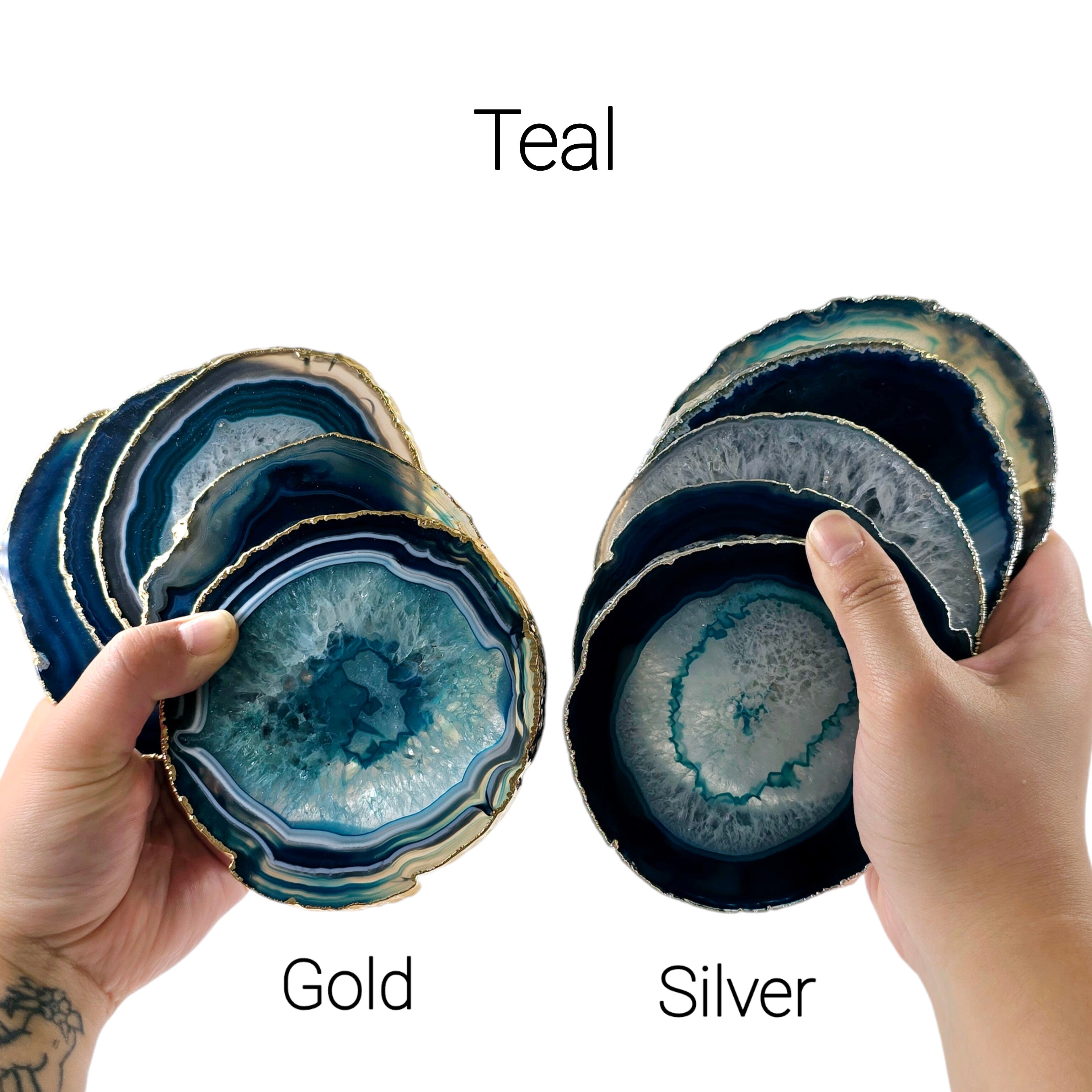 Agate Crystal Coasters 24k Gold or Silver Electroplated Edges - Set of 4 - Choose your Color