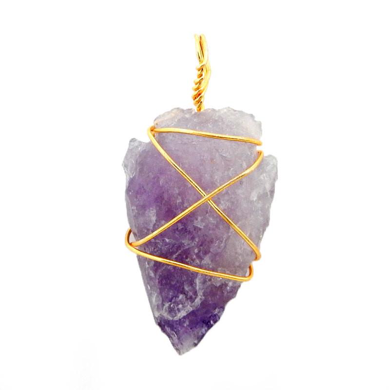 Amethyst Arrowhead Pendant Wire Wrapped Gold Tone Arrow Head Charm