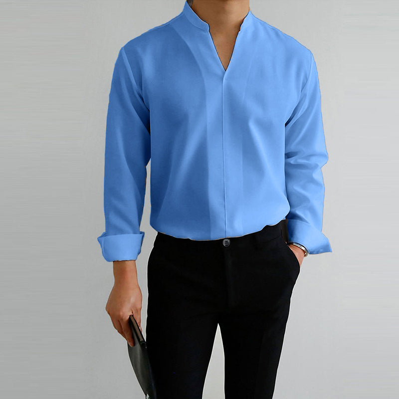 Men's Casual Solid Color V-Neck Long Sleeve Shirt