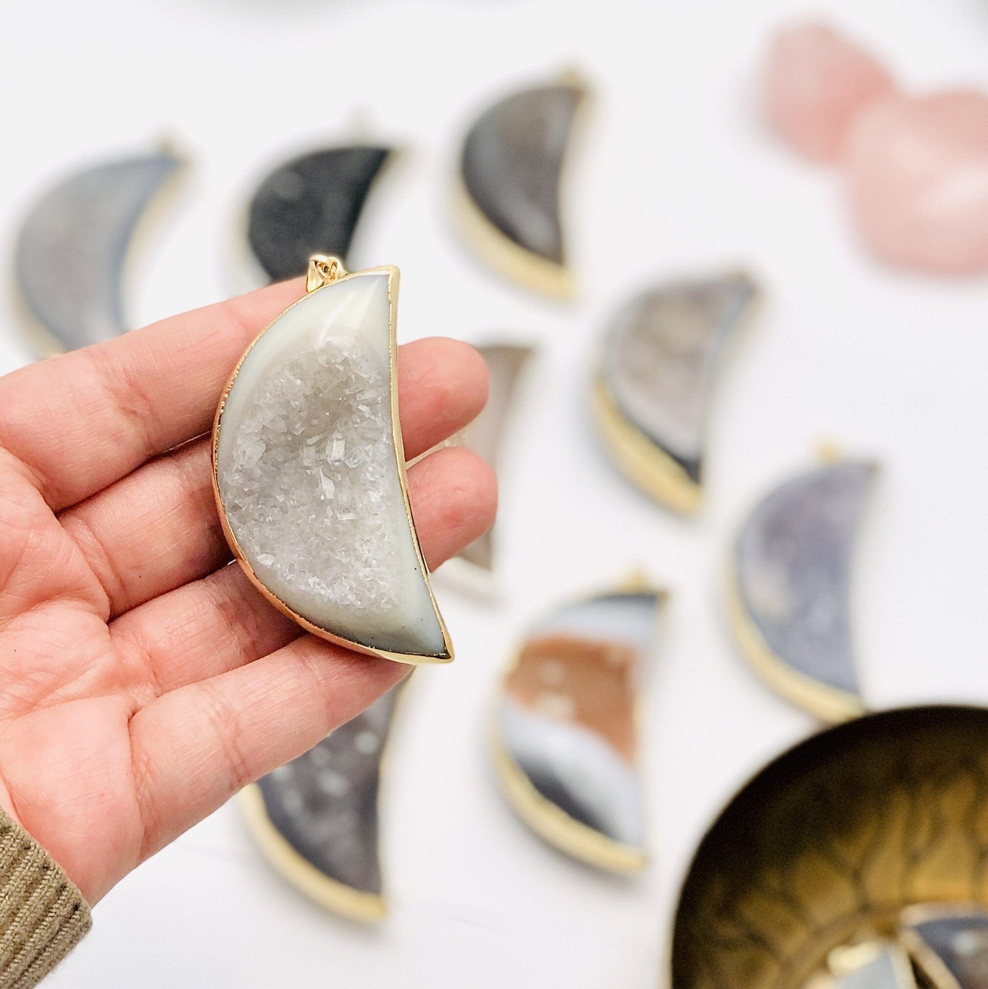 Agate Druzy Moon Pendant with Electroplated 24k Gold/Silver Edge