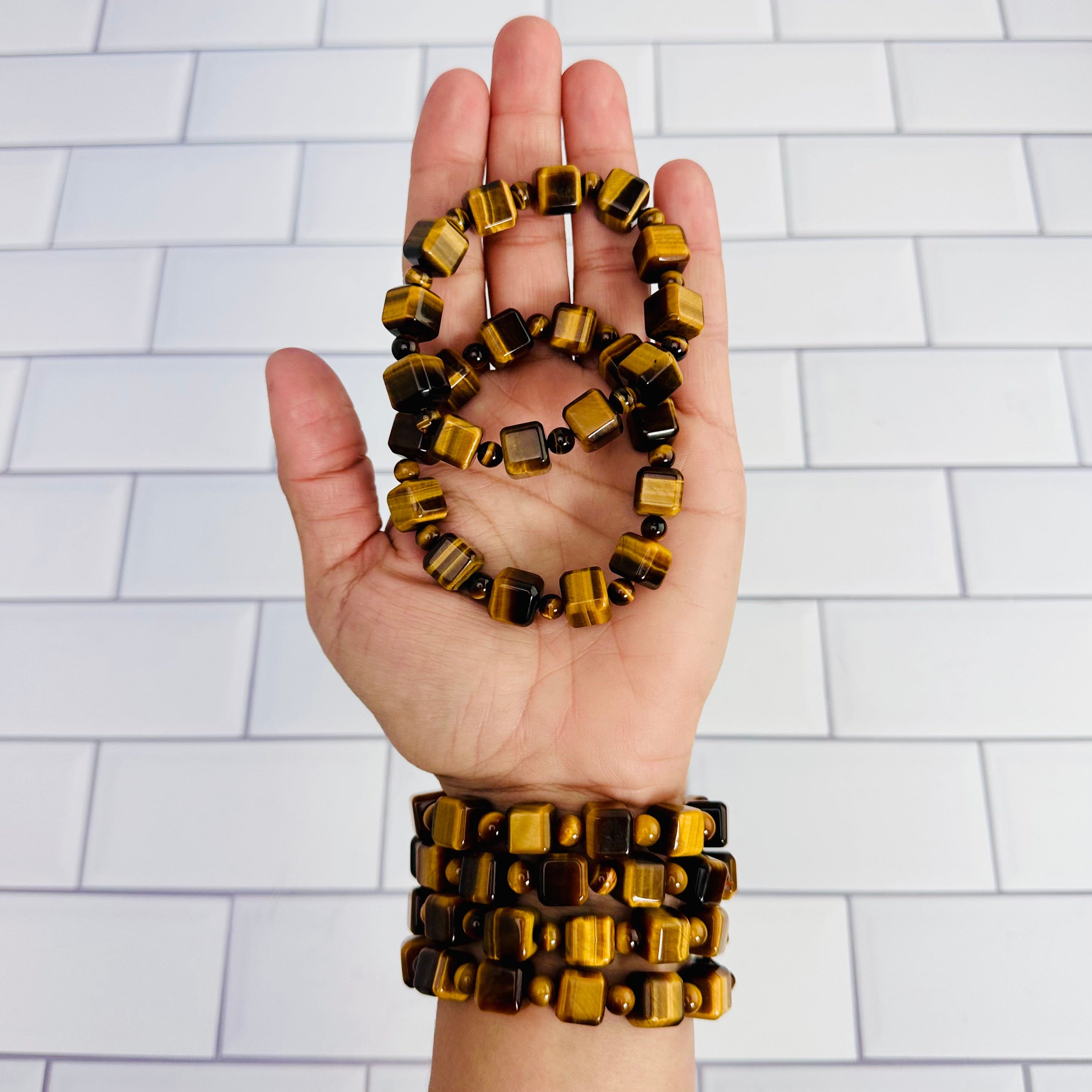 Tigers Eye Cube Bead Bracelet (1BROWNSHELF-74)(A,B,C)